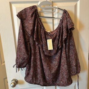 Michael Michael Kors 1X Royal Pink Maroon Paisley Ruffle Blouse Off the Shoulder